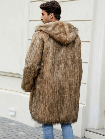 ライトグレー ロング メンズ フェイクファーコート 冬用 暖かい 長袖 ジャケット ターンダウンカラーとフード付き