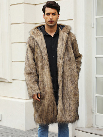 ライトグレー ロング メンズ フェイクファーコート 冬用 暖かい 長袖 ジャケット ターンダウンカラーとフード付き