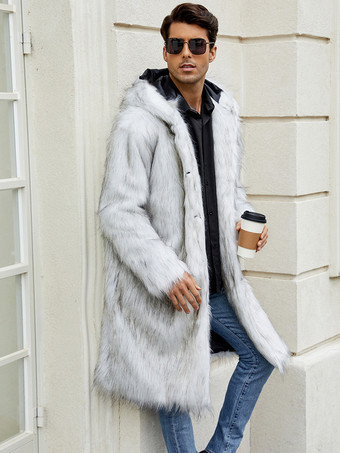 ライトグレー ロング メンズ フェイクファーコート 冬用 暖かい 長袖 ジャケット ターンダウンカラーとフード付き