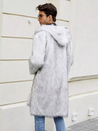 ライトグレー ロング メンズ フェイクファーコート 冬用 暖かい 長袖 ジャケット ターンダウンカラーとフード付き