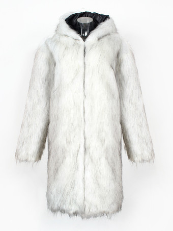 ライトグレー ロング メンズ フェイクファーコート 冬用 暖かい 長袖 ジャケット ターンダウンカラーとフード付き