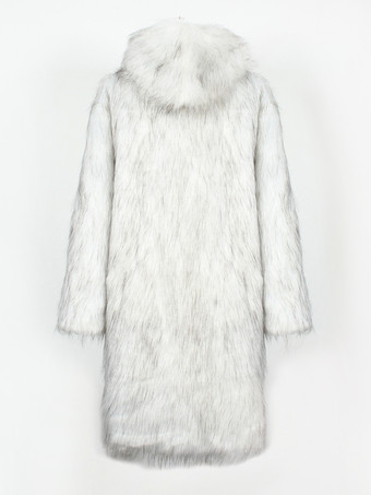 ライトグレー ロング メンズ フェイクファーコート 冬用 暖かい 長袖 ジャケット ターンダウンカラーとフード付き