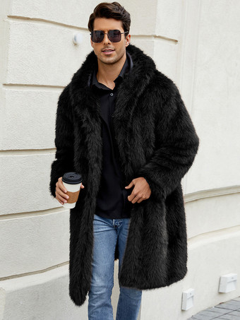 ブラック ライトグレー ロング メンズ フェイクファーコート 冬用 暖かい 長袖 ジャケット ターンダウンカラーとフード付き