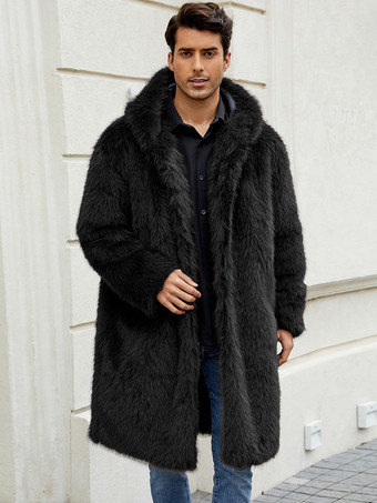 ライトグレー ロング メンズ フェイクファーコート 冬用 暖かい 長袖 ジャケット ターンダウンカラーとフード付き