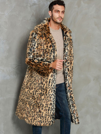 ヒョウ柄ロングメンズフェイクファーコート 冬用 暖かい 長袖 ジャケット ターンダウンカラー付き