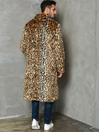 ヒョウ柄ロングメンズフェイクファーコート 冬用 暖かい 長袖 ジャケット ターンダウンカラー付き