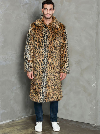 ヒョウ柄ロングメンズフェイクファーコート 冬用 暖かい 長袖 ジャケット ターンダウンカラー付き