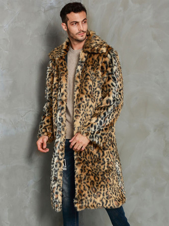 ヒョウ柄ロングメンズフェイクファーコート 冬用 暖かい 長袖 ジャケット ターンダウンカラー付き
