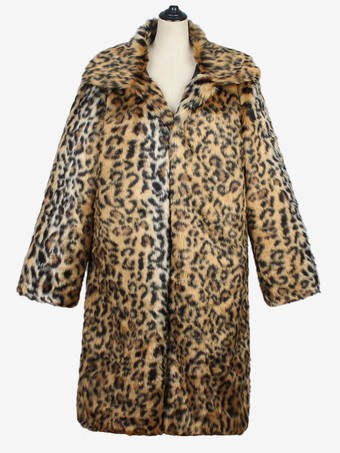 ヒョウ柄ロングメンズフェイクファーコート 冬用 暖かい 長袖 ジャケット ターンダウンカラー付き