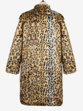 ヒョウ柄ロングメンズフェイクファーコート 冬用 暖かい 長袖 ジャケット ターンダウンカラー付き