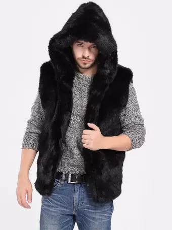 Black Men s Faux Fur Vest Winter Warm Sleeveless Jacket with Turn Down Collar and Hood Milanoo