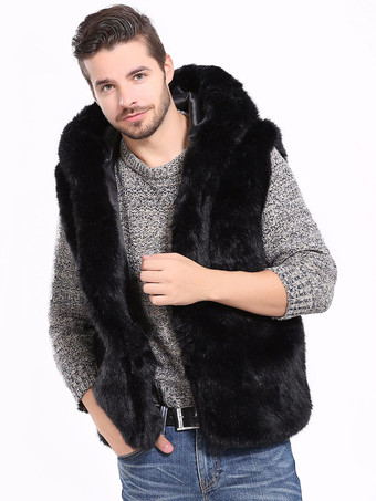 ブラック メンズ フェイクファーベスト 冬用 暖かい ノースリーブ ジャケット ターンダウンカラーとフード付き