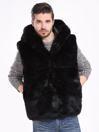 ブラック メンズ フェイクファーベスト 冬用 暖かい ノースリーブ ジャケット ターンダウンカラーとフード付き