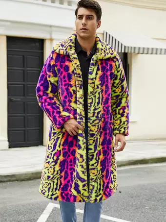 Leopard Pink Yellow Men s Faux Fur Coat Winter Warm Long Sleeved Jacket with Turn Down Collar Milanoo