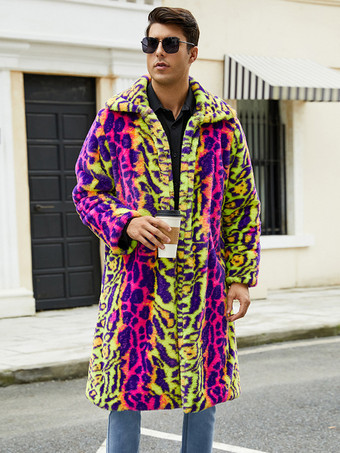 ヒョウ柄 ピンク イエロー メンズ フェイクファーコート 冬 暖かい 長袖 ジャケット ターンダウンカラー付き