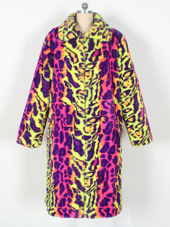 ヒョウ柄 ピンク イエロー メンズ フェイクファーコート 冬 暖かい 長袖 ジャケット ターンダウンカラー付き