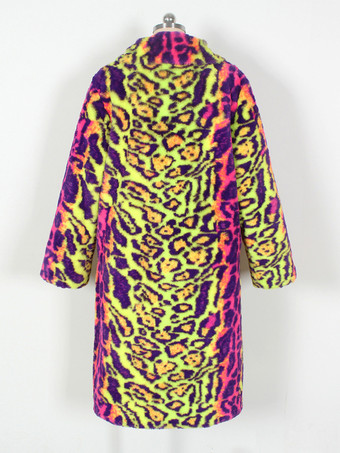 ヒョウ柄 ピンク イエロー メンズ フェイクファーコート 冬 暖かい 長袖 ジャケット ターンダウンカラー付き