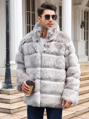 ライトグレー メンズ フェイクファーコート 冬用 暖かい 長袖 ジャケット スタンドカラー