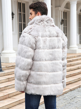 ライトグレー メンズ フェイクファーコート 冬用 暖かい 長袖 ジャケット スタンドカラー