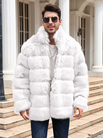 ホワイト ライトグレー メンズ フェイクファーコート 冬用 暖かい 長袖 ジャケット スタンドカラー
