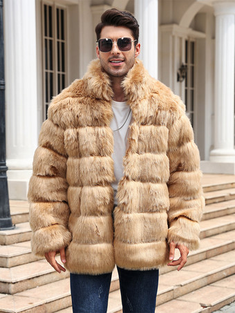 ライトブラウンライトグレー メンズ フェイクファーコート 冬用 暖かい 長袖 ジャケット スタンドカラー