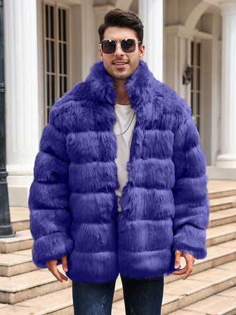 ブルー ライトグレー メンズ フェイクファーコート 冬用 暖かい 長袖 ジャケット スタンドカラー