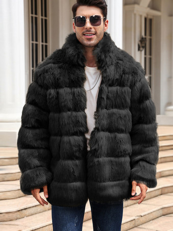 ブラック ライトグレー メンズ フェイクファーコート 冬用 暖かい 長袖 ジャケット スタンドカラー