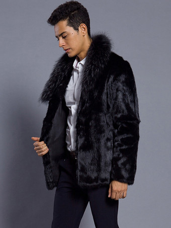 メンズ ブラック フェイクファー コート 冬 暖かい 長袖 ジャケット ターンダウンカラー付き