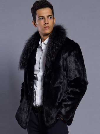 メンズ ブラック フェイクファー コート 冬 暖かい 長袖 ジャケット ターンダウンカラー付き