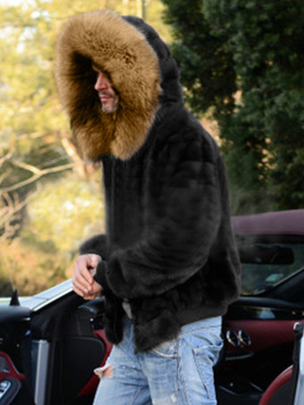 メンズ ブラック フェイクファー コート 冬用 暖かい 長袖 ジャケット ターンダウンカラーとフード付き