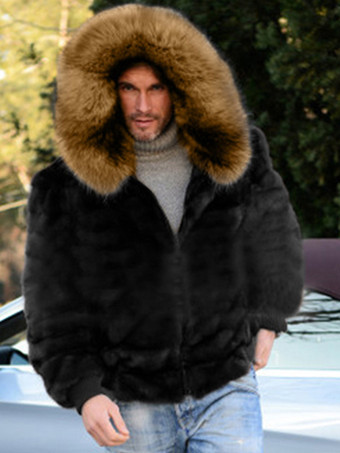 メンズ ブラック フェイクファー コート 冬用 暖かい 長袖 ジャケット ターンダウンカラーとフード付き