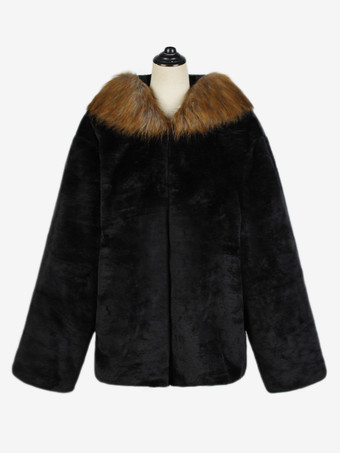 メンズ ブラック フェイクファー コート 冬用 暖かい 長袖 ジャケット ターンダウンカラーとフード付き
