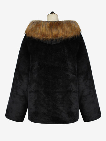 メンズ ブラック フェイクファー コート 冬用 暖かい 長袖 ジャケット ターンダウンカラーとフード付き