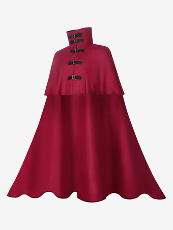 男性用レッド ヴィンテージ エレガント バックル ノースリーブ ポリエステル マント レトロ コスチューム バーガンディ