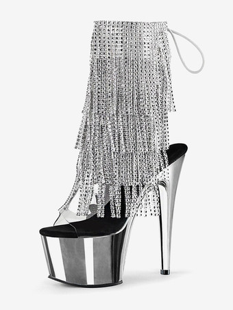 Argento Stivali sexy con plateau in argento strass nappe punta aperta lacci cinturino posteriore stivali da pole dance