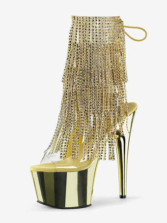 Oro Stivali sexy con plateau in argento strass nappe punta aperta lacci cinturino posteriore stivali da pole dance