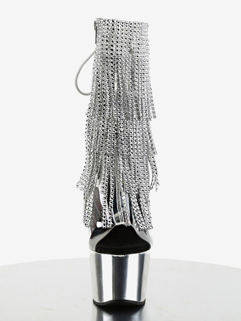 Stivali sexy con plateau in argento strass nappe punta aperta lacci cinturino posteriore stivali da pole dance