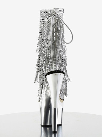 Stivali sexy con plateau in argento strass nappe punta aperta lacci cinturino posteriore stivali da pole dance