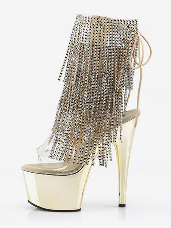 Stivali sexy con plateau in argento strass nappe punta aperta lacci cinturino posteriore stivali da pole dance