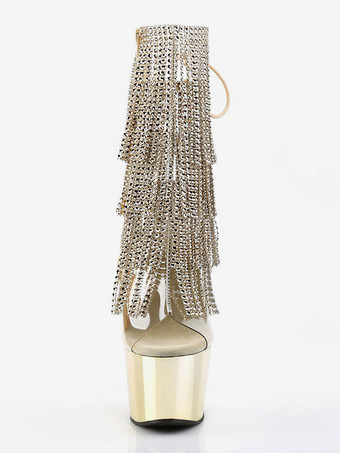 Stivali sexy con plateau in argento strass nappe punta aperta lacci cinturino posteriore stivali da pole dance