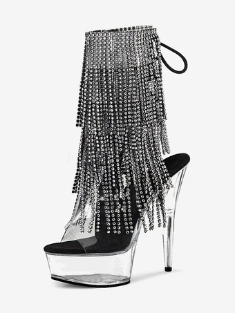 ブラック セクシーなハイヒールブーツ、ピープトゥ、レースアップ、ラインストーン、スティレットヒール、ポールダンス、ブラック、サイハイブーツ、オーバーニーブーツ