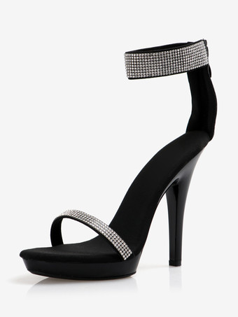 ブラック レディースセクシーサンダル ブラック オープントゥ ラインストーン アンクルストラップサンダル