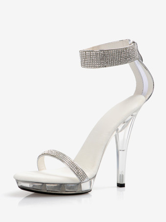 ホワイト レディースセクシーサンダル ブラック オープントゥ ラインストーン アンクルストラップサンダル