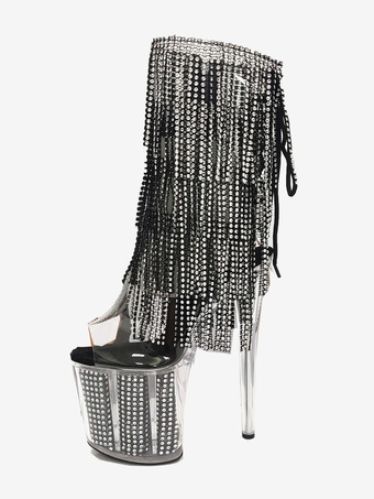 ブラック セクシーなハイヒールクラブブーツ ピープトゥ プラットフォーム タッセル スティレットヒール ポールダンスシューズ
