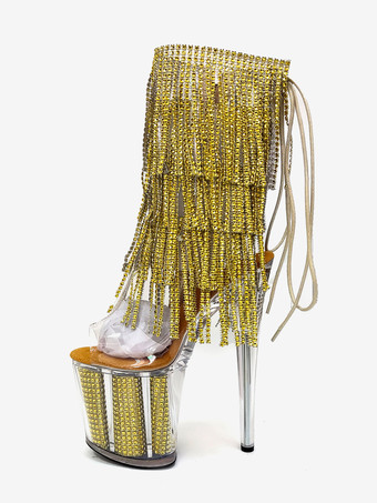 ゴールド セクシーなハイヒールクラブブーツ ピープトゥ プラットフォーム タッセル スティレットヒール ポールダンスシューズ