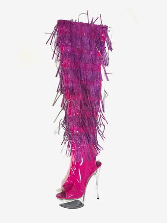 ローズレッド女性用セクシーブーツ プラットフォーム ピープトゥ ジッパー スティレットヒール レイブクラブ サイハイブーツ ラインストーン タッセル付き