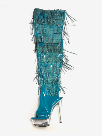 ライトスカイブルー女性用セクシーブーツ プラットフォーム ピープトゥ ジッパー スティレットヒール レイブクラブ サイハイブーツ ラインストーン タッセル付き