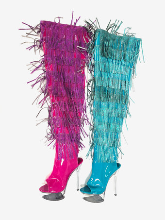 女性用セクシーブーツ プラットフォーム ピープトゥ ジッパー スティレットヒール レイブクラブ サイハイブーツ ラインストーン タッセル付き