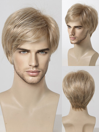 ライトゴール男性用ウィッグ ショートブロンド ナチュラル前髪 コスプレウィッグ