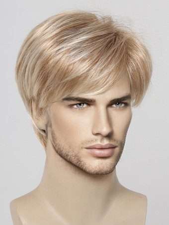 ブロンドの男性用ウィッグ、ショートストレート前髪、ナチュラルコスプレウィッグ